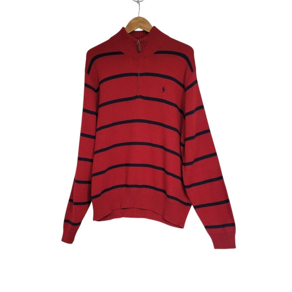 Polo Ralph Lauren Red & Blue Striped Mock Neck 1/4 Zip Pullover Sweater Size XL